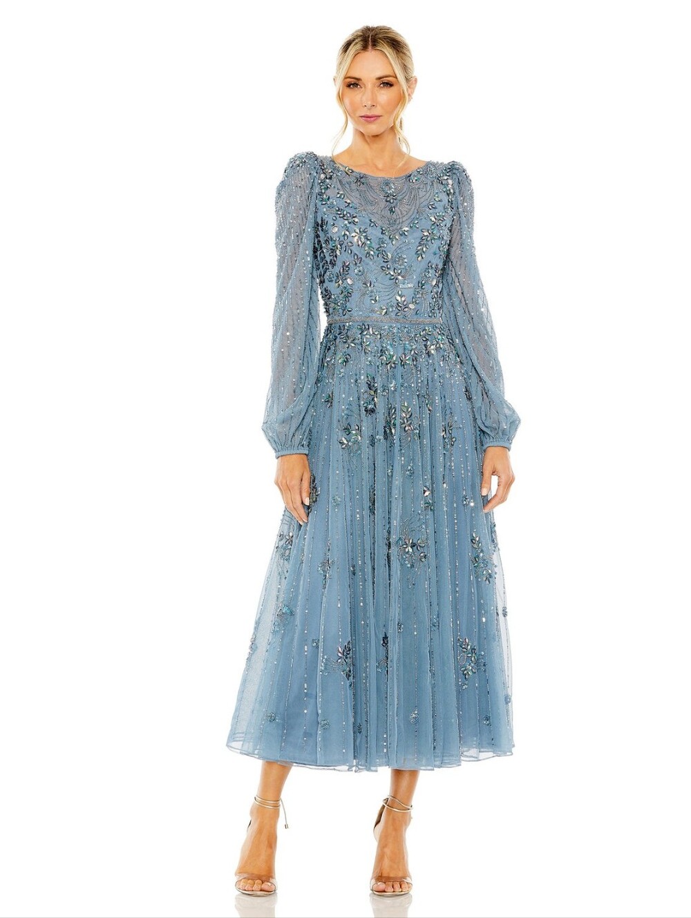 Mac Duggal  Embellished Blue Midi Dress with Long Sleeves